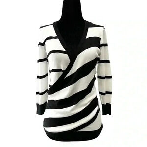 Ricki’s Wrap Front Sweater Deep V Neckline  Thin Knit Black & White Stripes XS